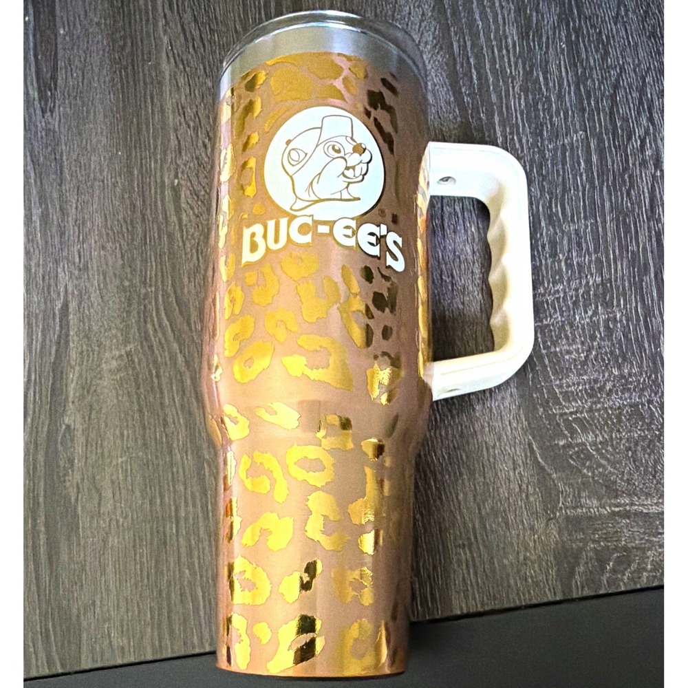 Buc-ee's Yukon Outfitters 40oz Tumbler Rose Gold Leopard Print Travel Mug Handle